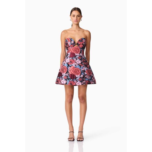 Elliatt Delphine Tulip Mini Dress in Pink & Black Floral Cocktail size S NWT - Picture 2 of 6